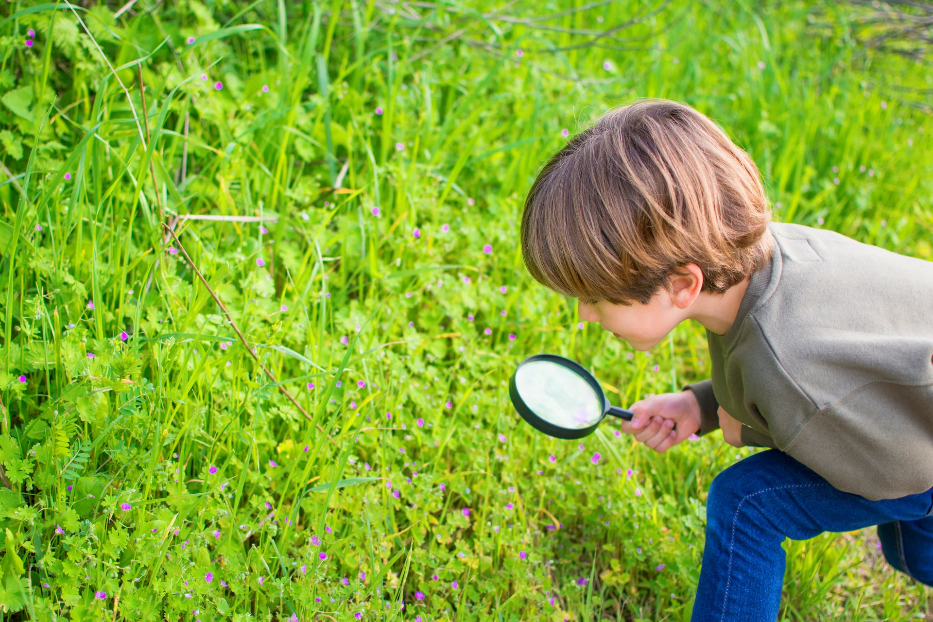 A young boy crouches in the grass outdoors, closely examining small plants and flowers with a magnifying glass—a wonderful example of creative outdoor learning ideas.