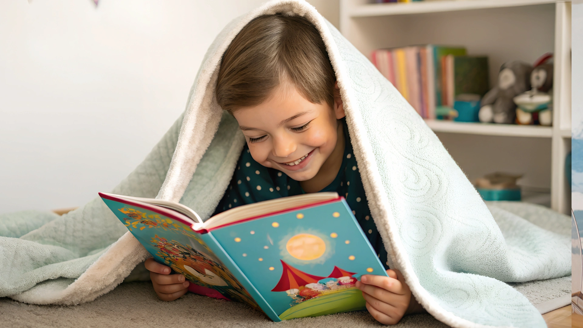 A young child smiles while reading a colorful storybook under a cozy blanket, lying on the floor in a room with bookshelves—a heartwarming moment from their homeschool evening routine.