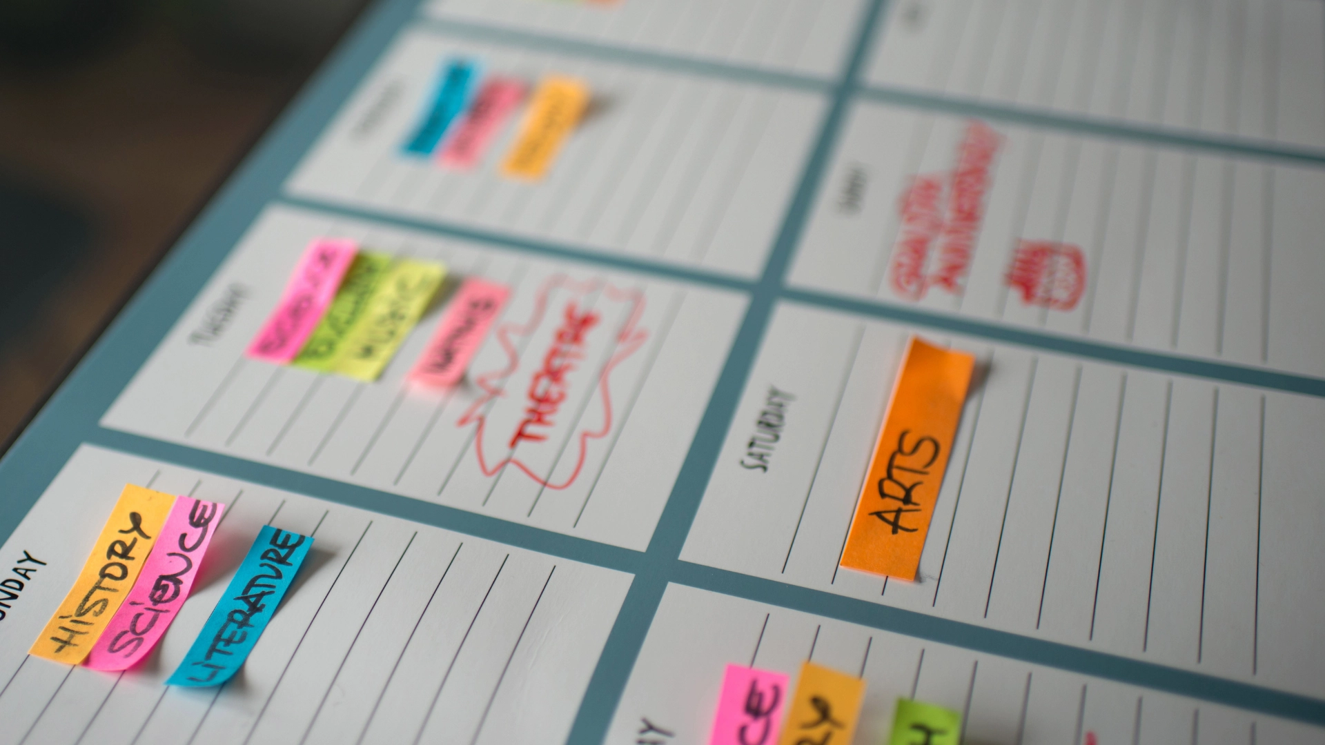 A close-up of a weekly planner with handwritten tasks and events. Colorful sticky notes label activities like Science, History, Theatre, and Arts. The planner features columns for each day of the week.