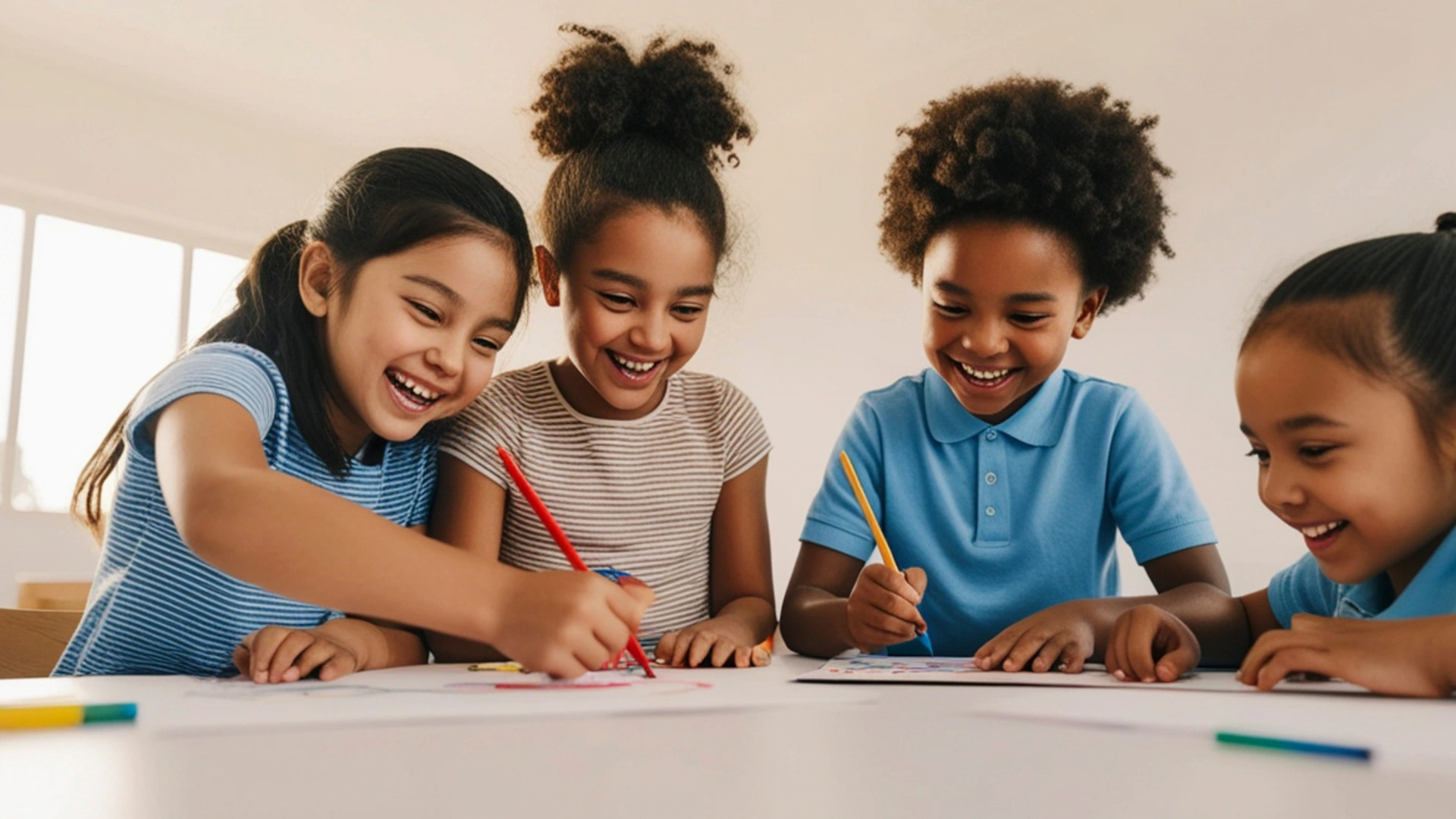 Four smiling children sit at a table together, drawing and coloring with pencils and markers on white paper in a brightly lit classroom—perfect inspiration for creative Online Homeschool Groups.