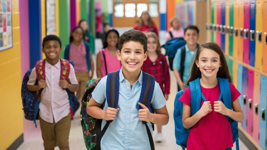A group of smiling schoolchildren with backpacks walk down a brightly colored hallway lined with lockers, heading toward the camera.